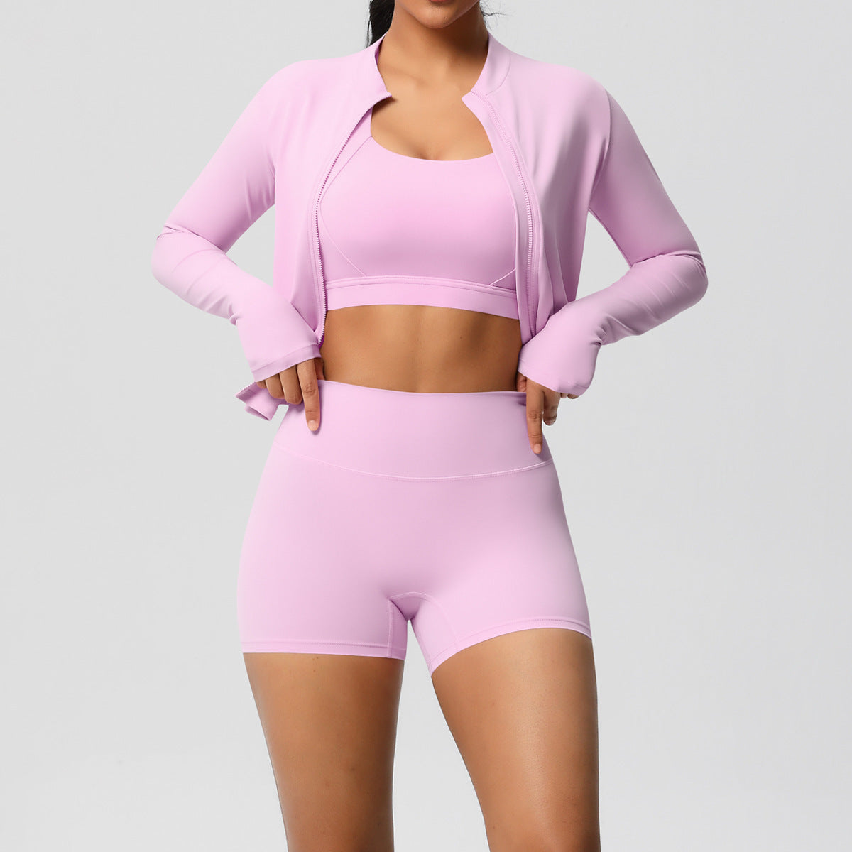 3-Piece Zip Jacket, Sports Bra & Biker Shorts Activewear Set