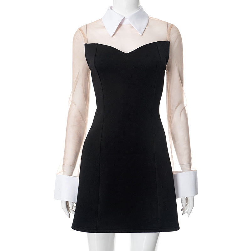 Sweetheart Bustier Sheer Mesh Sleeve Contrast Peter Pan Collar Flared Cuff Zip Back Mini Dress