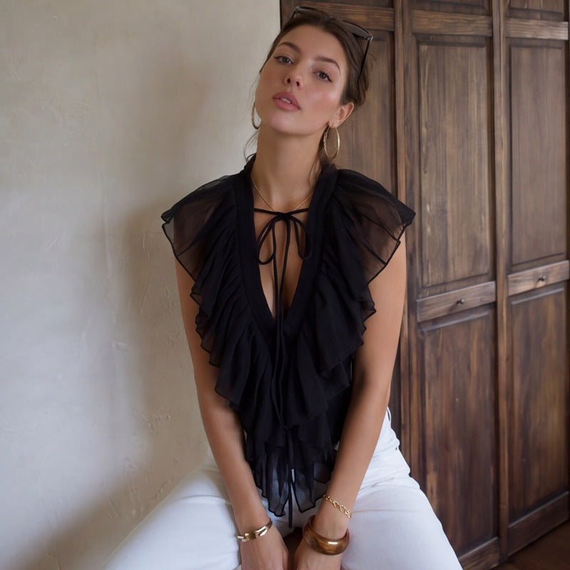 La Parisienne Deep V Tie-Front Ruffle Cascade Chiffon Blouse