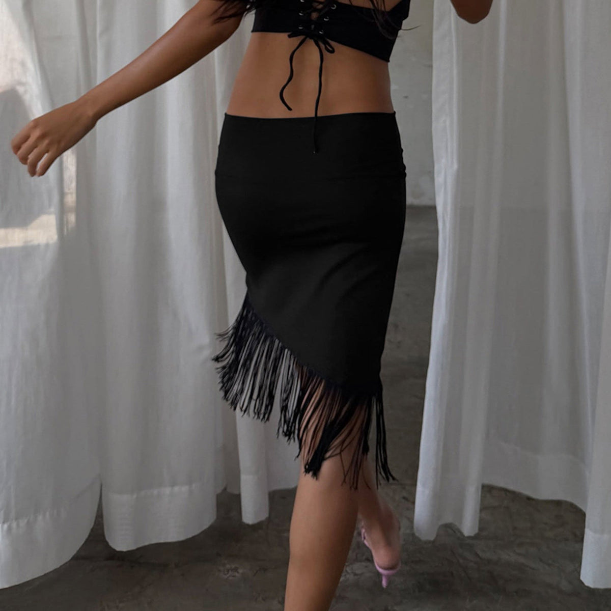 After Dark Asymmetric Fringe Hem Ruched Bodycon Midi Skirt