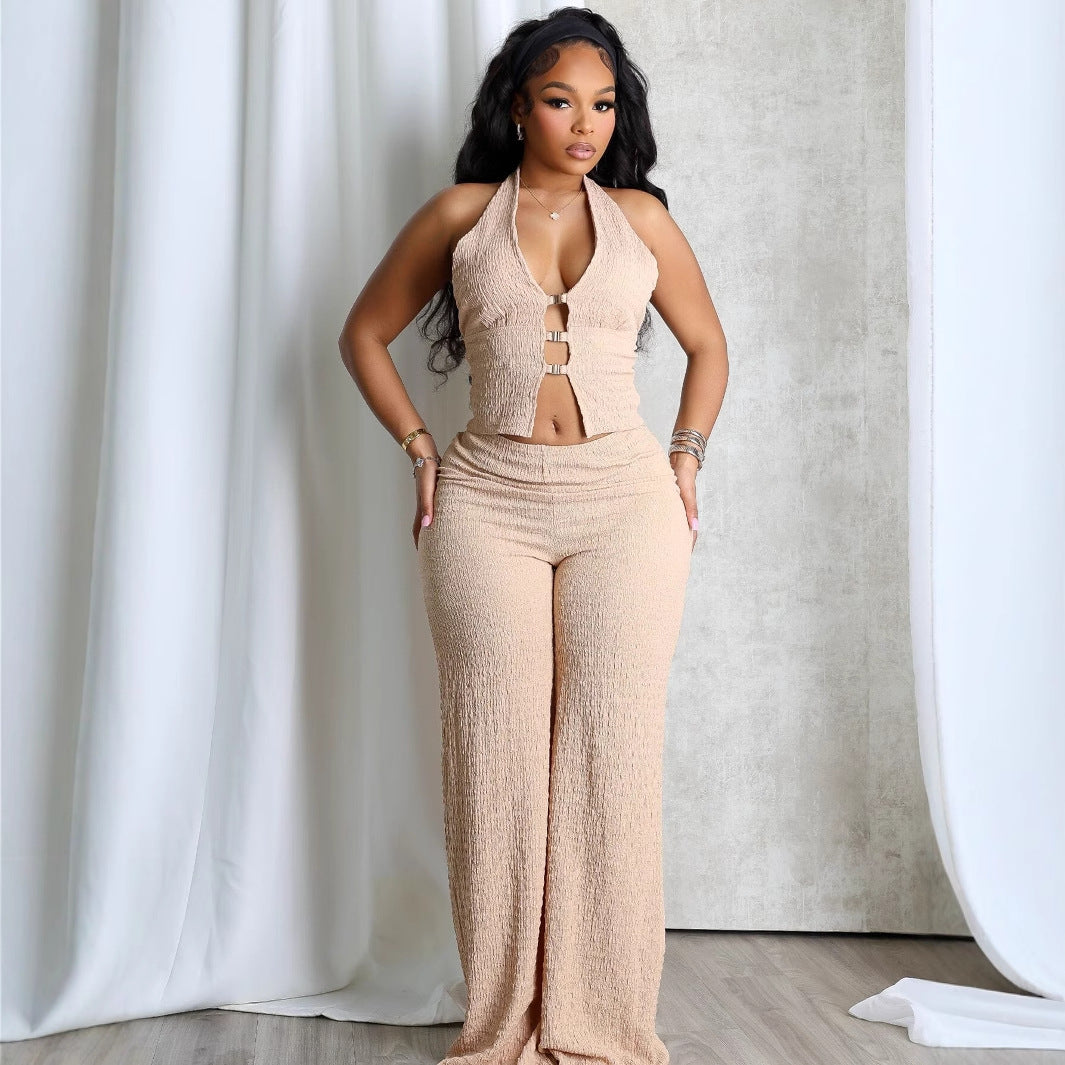 Textured Crinkle Halter O-Ring Crop Top & Wide-Leg Flare Pants Two-Piece Set | Backless & Resort Luxe