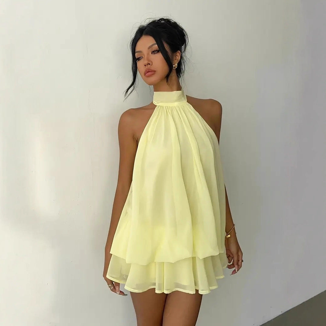 Cloud Nine Gathered Halter Tie-Back Chiffon Mini Dress