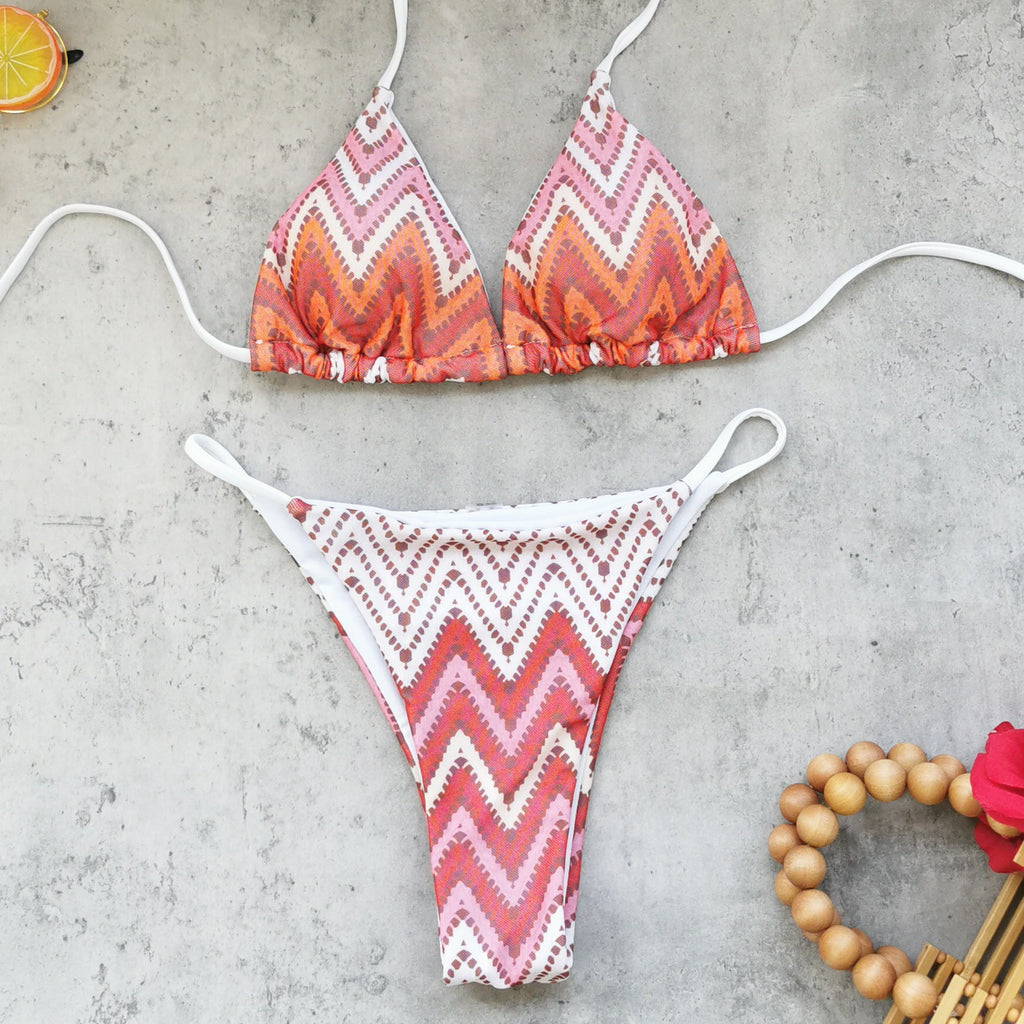 Pink Chevron Triangle Bikini Set & Mesh Coverup Trousers