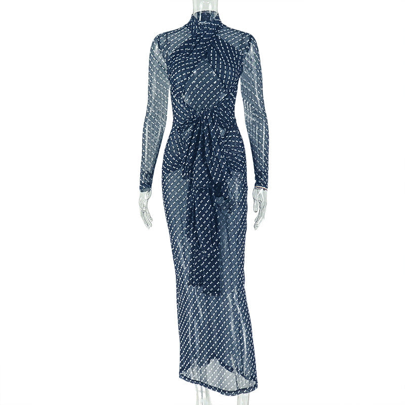 Polka Dot Turtleneck Bodycon Maxi Dress