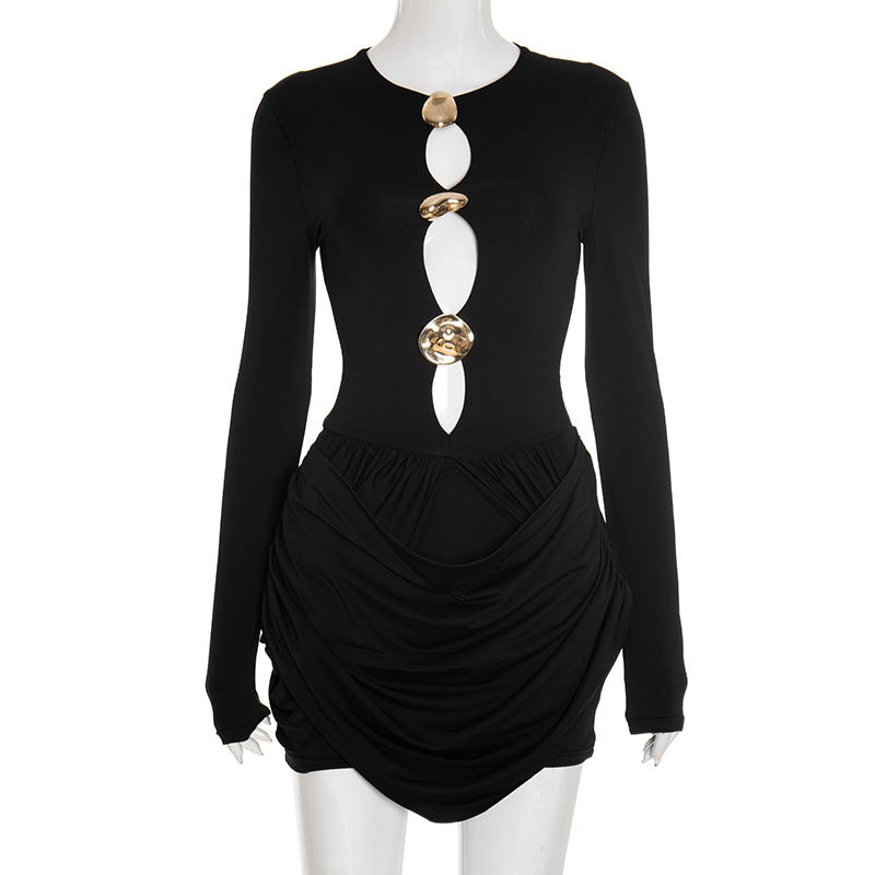 Keyhole Cutout Bodycon Mini Dress – Long Sleeve, Gold Hardware, Ruched Skirt | Black & Ivory