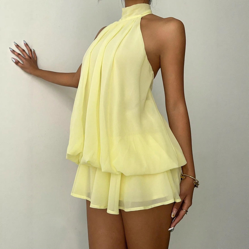 Cloud Nine Gathered Halter Tie-Back Chiffon Mini Dress