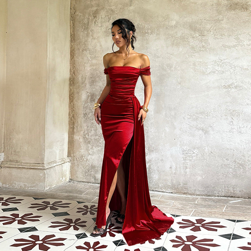 The Satin Nights Off-Shoulder Split Maxi Dress