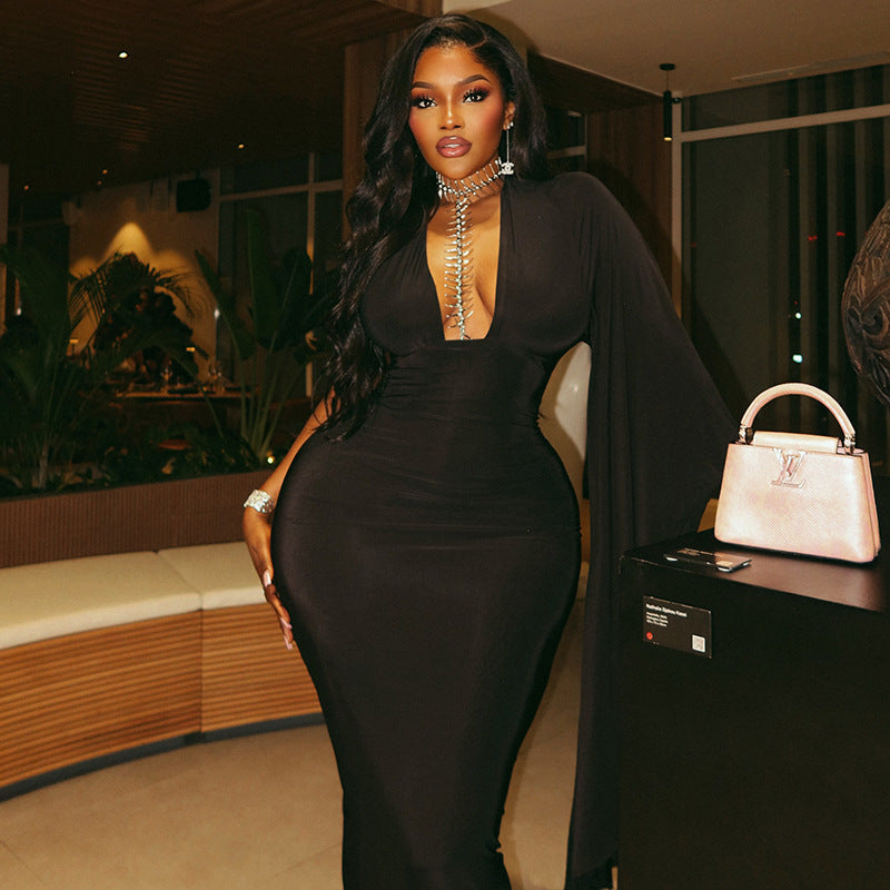 Deep Plunge V-Neck Cape Sleeve Open Back Ruched Bodycon Maxi Dress
