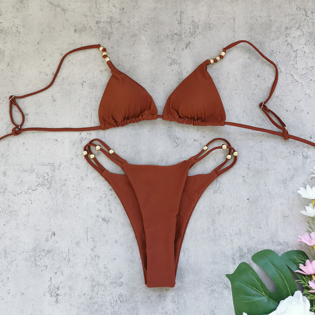 Terracotta Gold Bead Triangle Bikini Set | Double Strap Thong Bottoms & Santorini-Coded Resort Luxe
