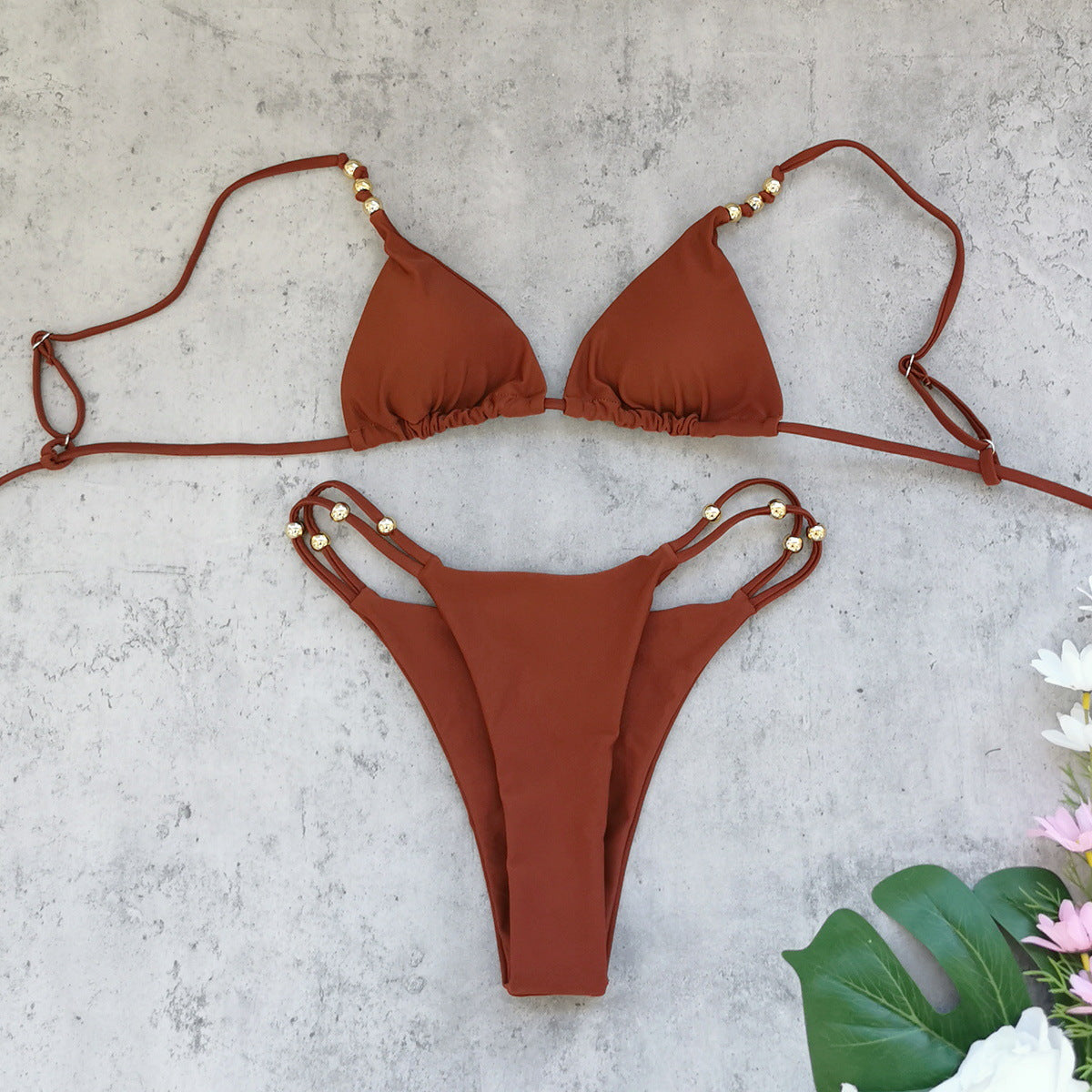 Terracotta Gold Bead Triangle Bikini Set | Double Strap Thong Bottoms & Santorini-Coded Resort Luxe