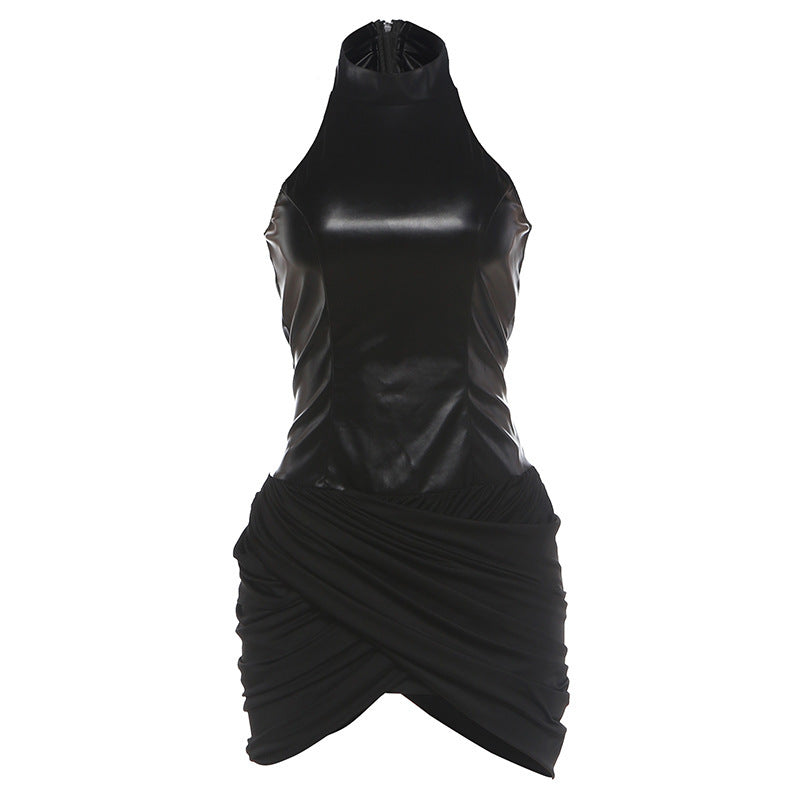 Summer Women Clothing Sexy Stand up Collar Slim Fit Hip Stitching Faux Leather Sleeveless Dress for Women