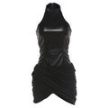 Summer Women Clothing Sexy Stand up Collar Slim Fit Hip Stitching Faux Leather Sleeveless Dress for Women