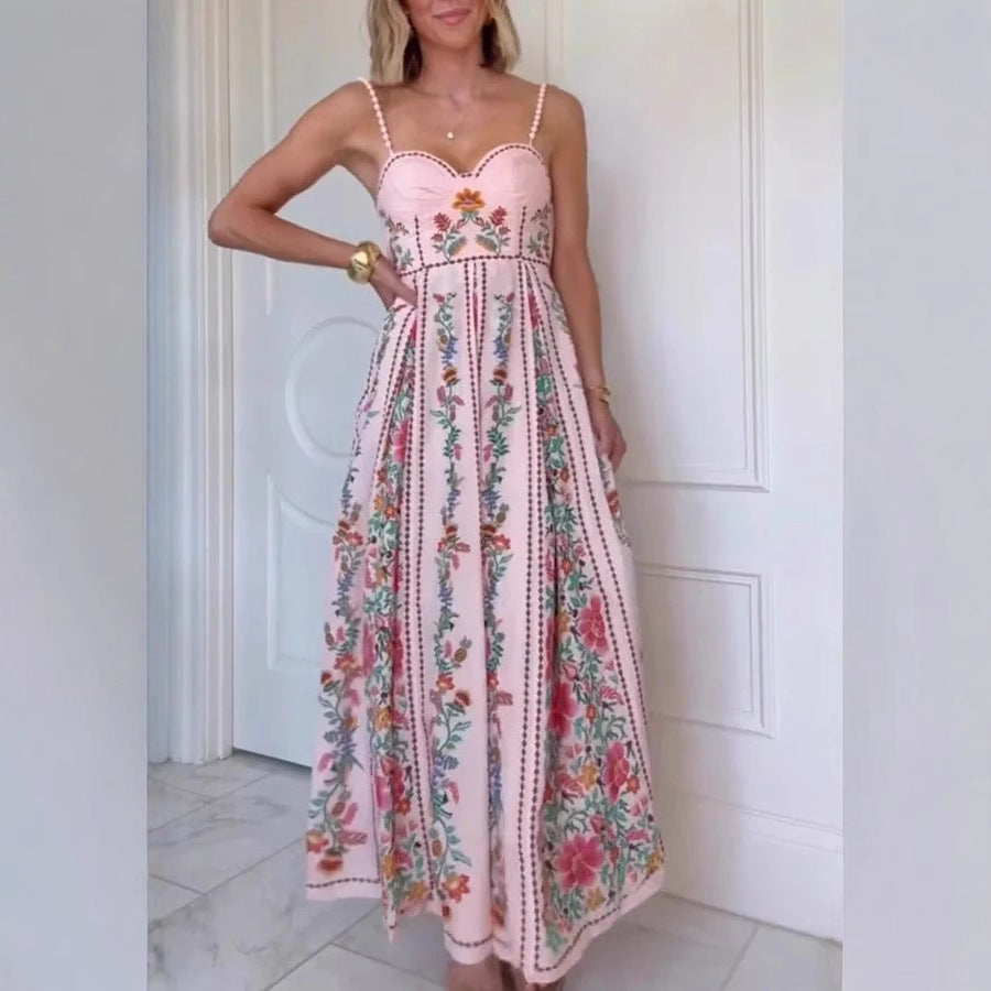 Blush Pink Floral Botanical Print Sweetheart Bustier A-Line Midi Dress