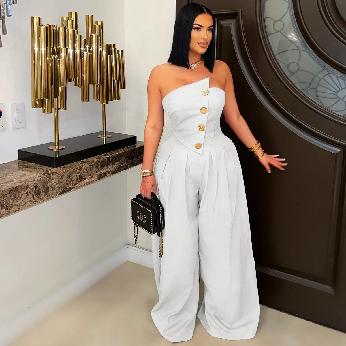 Old Money Asymmetric Gold Button Tube Top Wide-Leg Jumpsuit