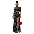 Polka Dot Off-Shoulder Ruched Body-Con Maxi Dress | High Split, Old Hollywood Glamour & Going-Out Dark Luxe