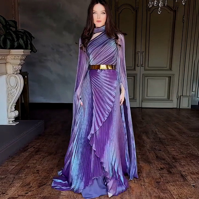 The Regal Entrance Pleated Cape Maxi Dress