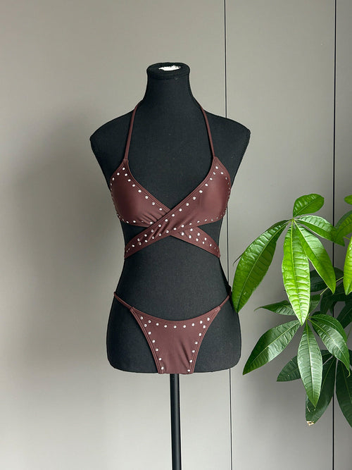 Chocolate Brown Rhinestone Crossover Cutout One-Piece Swimsuit | X-Front, Open Midriff & Mykonos-Editorial Resort Luxe