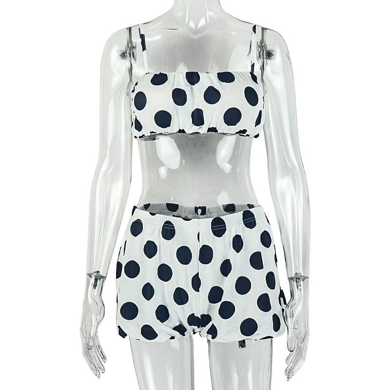 Polka Dot Chain Strap Ruched Crop Top & Ruffle Mini Skirt Set