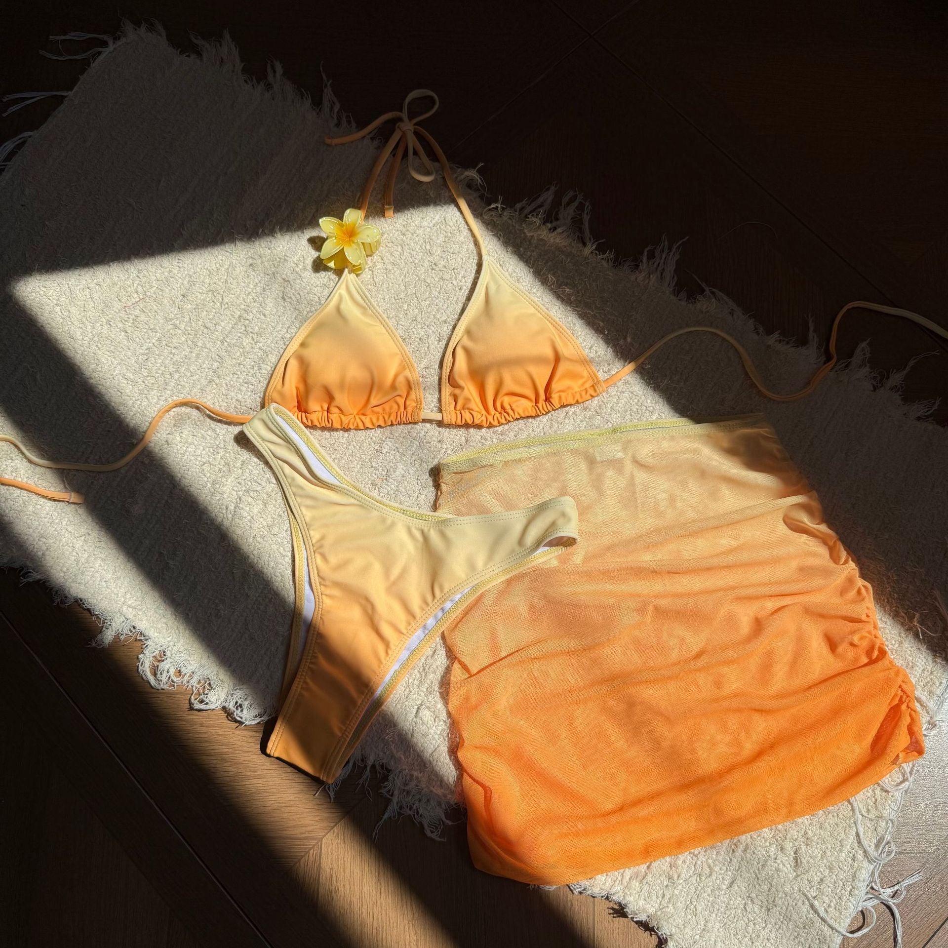 Ombré Gradient Triangle Halter Bikini & Mesh Wrap Skirt Three-Piece Set | 3D Flower Charm, Ruched Cups & Dreamy Y2K Resort Luxe