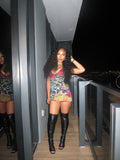 Y2K Mixed Print Spaghetti Strap Bodycon Mini Dress | Lace-Up Back