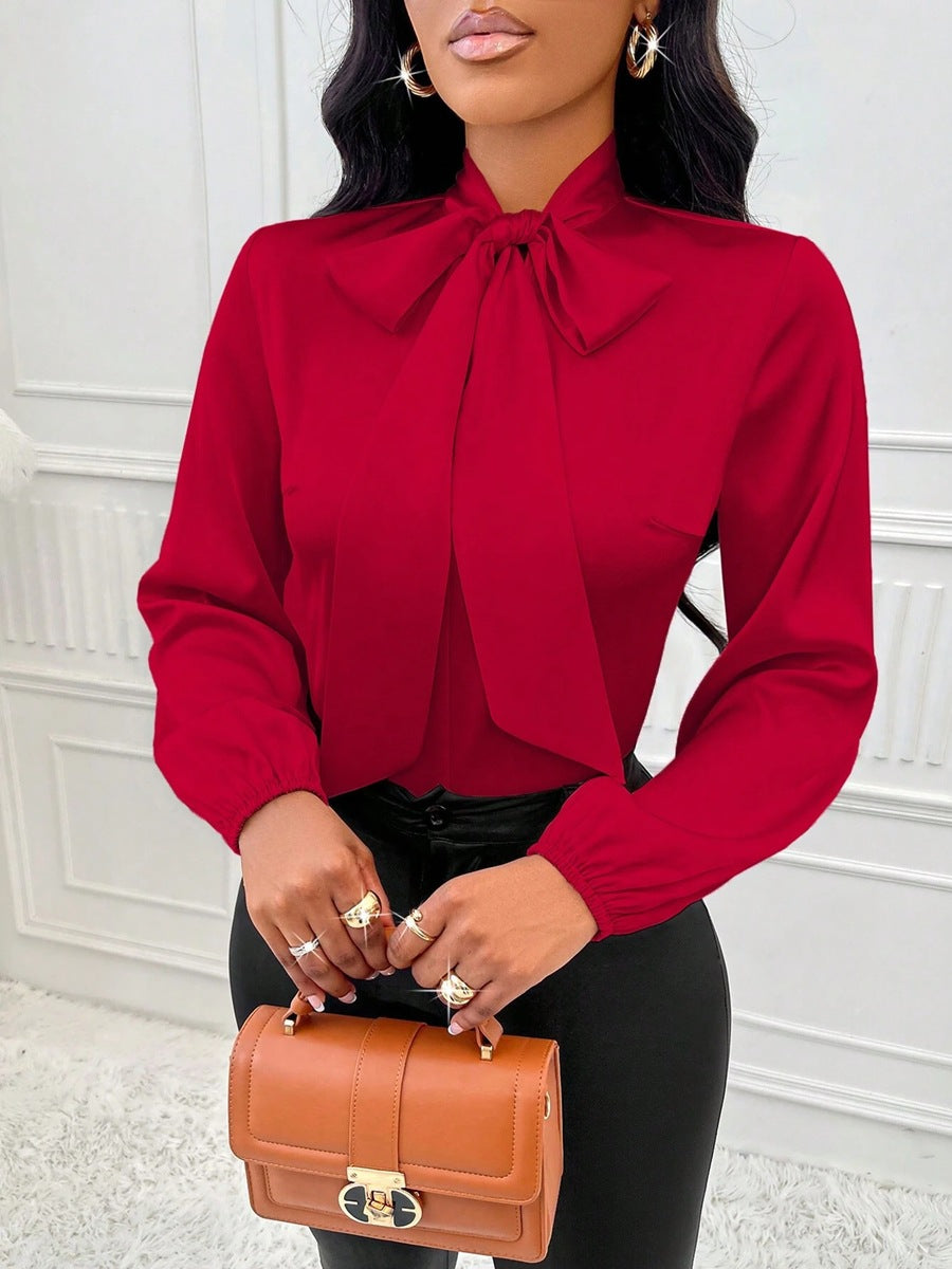 Satin Bow-Tie Neck Long Sleeve Blouse