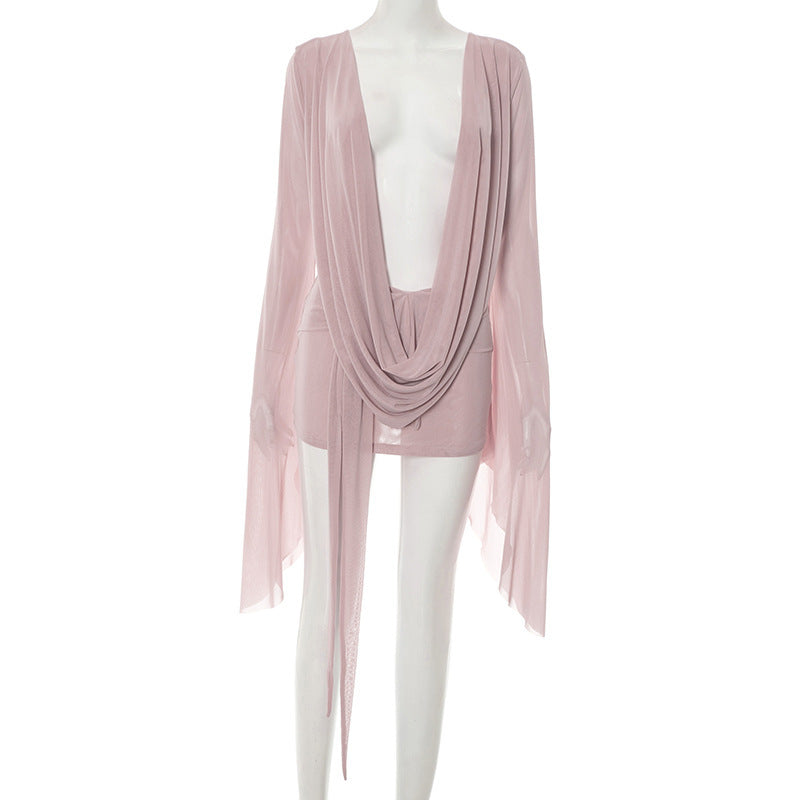 Sheer Mesh Deep Plunge Draped Angel Sleeve Mini Dress