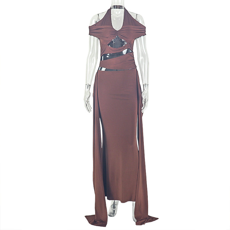 Halter Neck Cold-Shoulder Multi-Cutout Waist Ruched Bodycon Maxi Dress