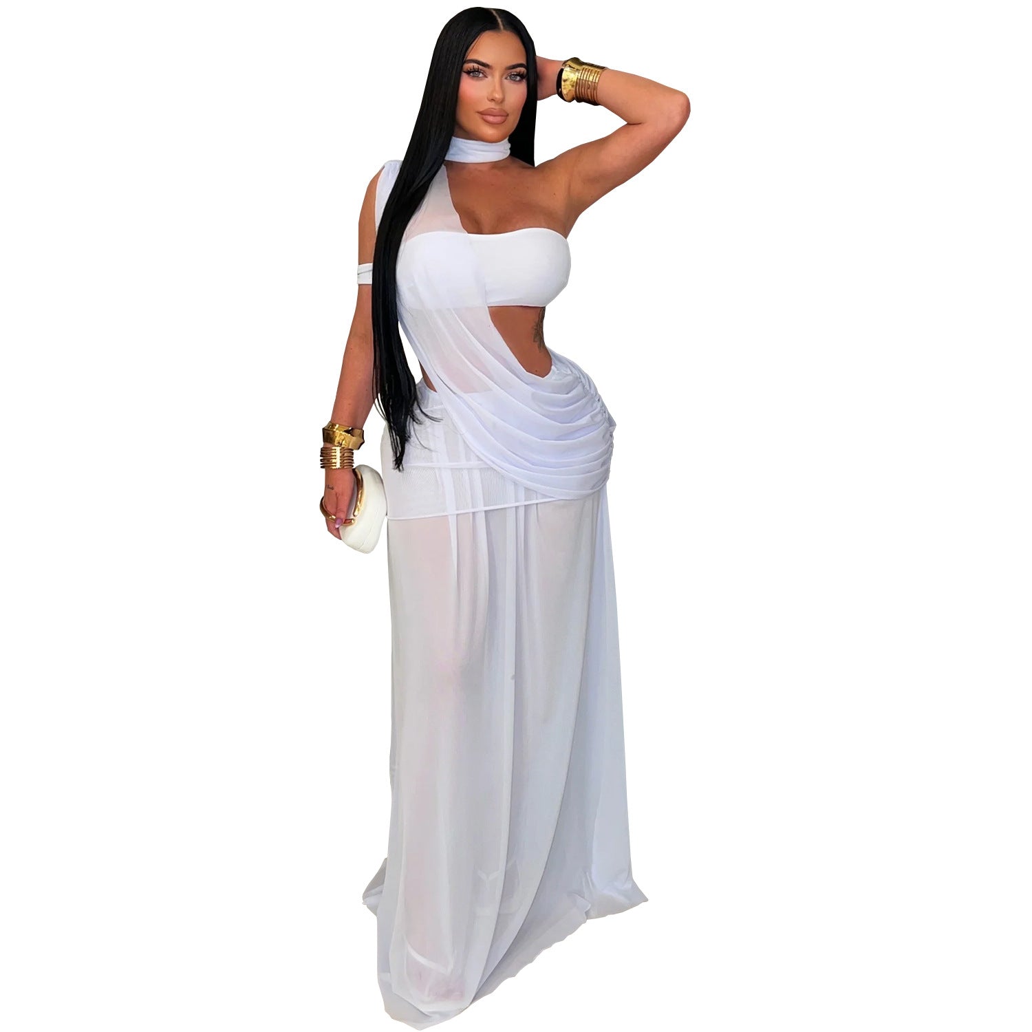 Sheer Mesh Halter Choker Cutout Midriff Ruched Bodycon Maxi Dress