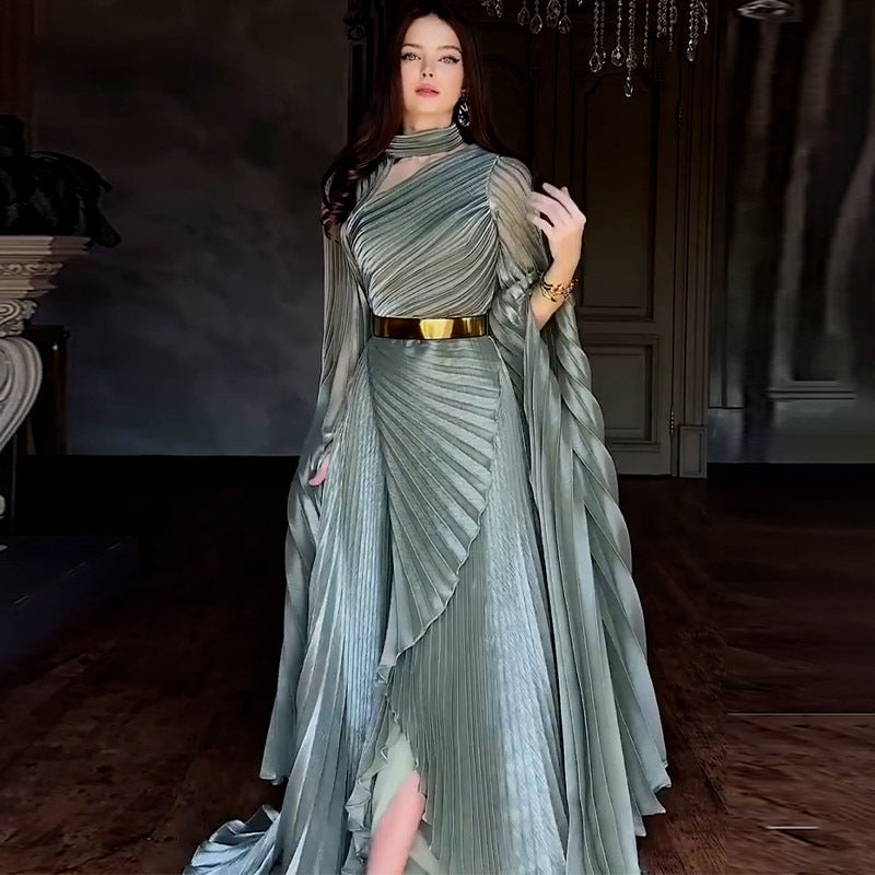 The Regal Entrance Pleated Cape Maxi Dress