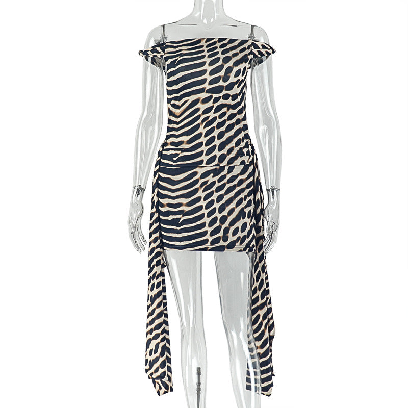 Leopard Print Off-Shoulder Ruffle Mini Dress with Side Tie Sash