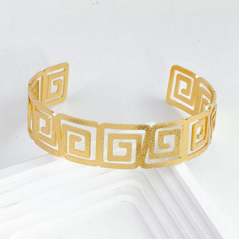 Greek Key Cutout Wide Cuff Bracelet | Adjustable Open Bangle