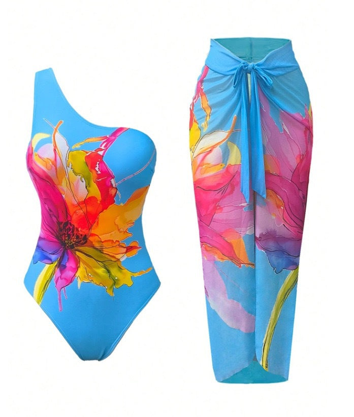 Watercolor Floral One-Shoulder One-Piece Swimsuit & Wrap Midi Sarong Skirt Set