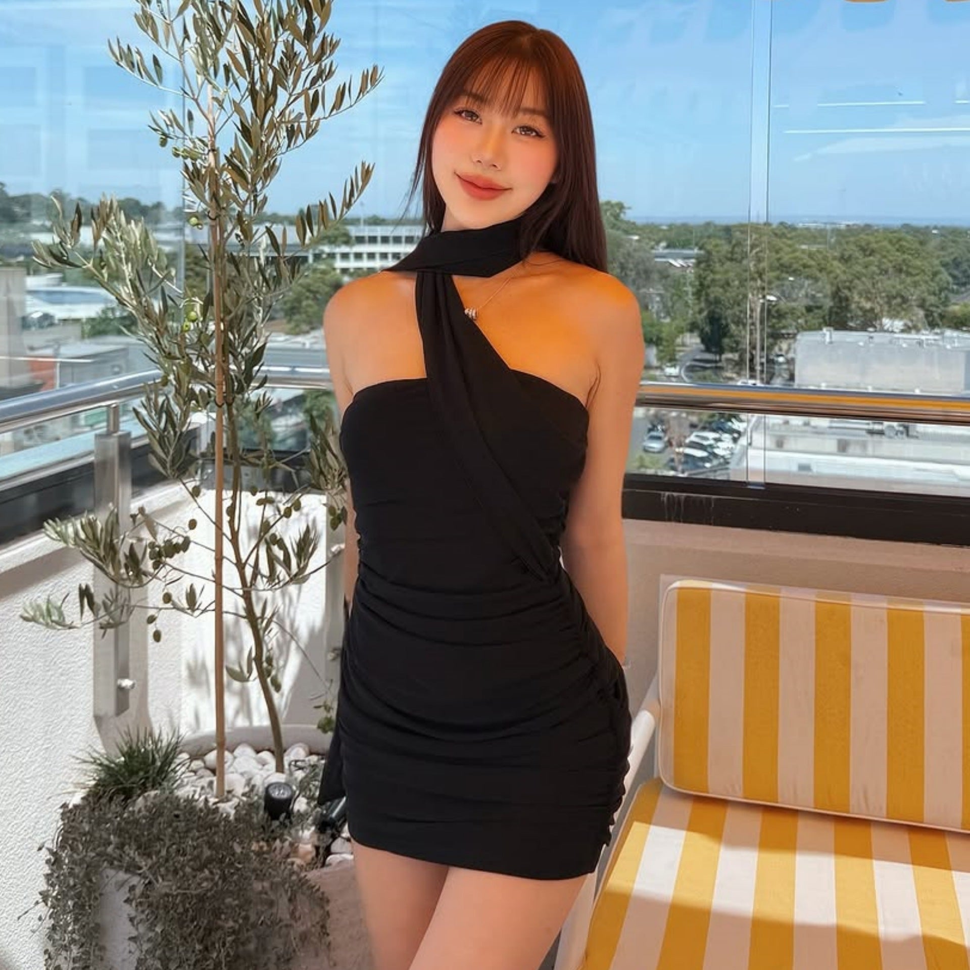 Scarf-Neck Ruched Bodycon Mini Dress