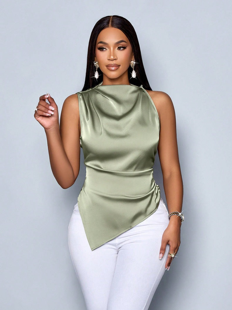 Satin Halter Neck Draped Ruched Asymmetric Hem Top