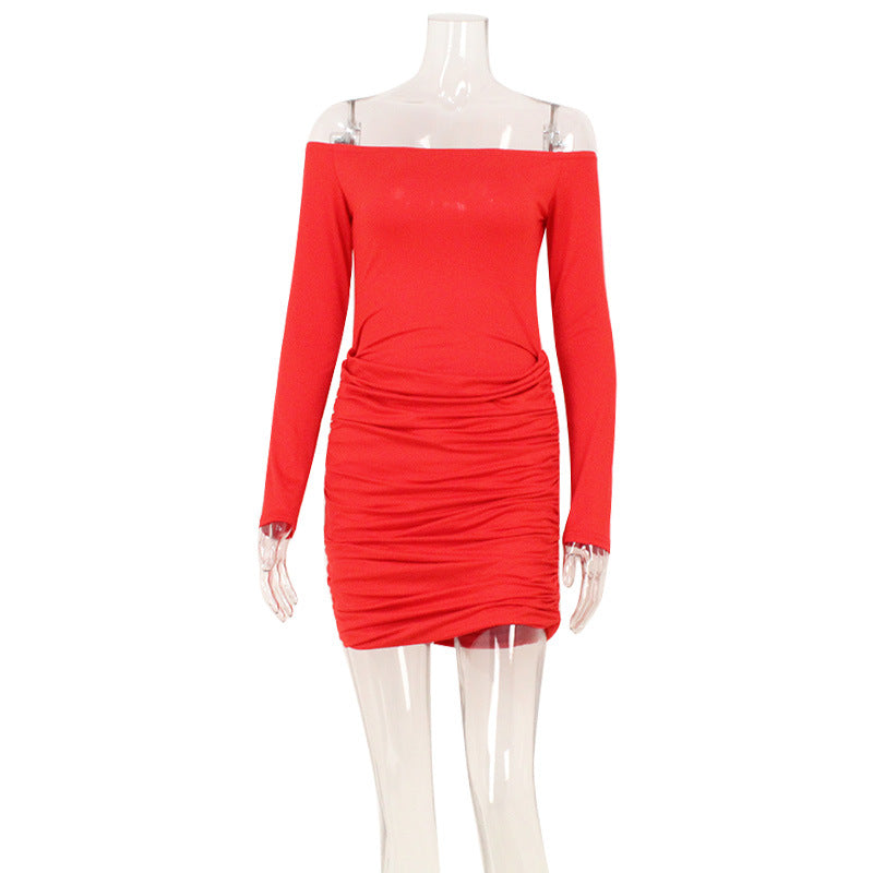 Off-Shoulder Long-Sleeve Ruched Bodycon Mini Dress