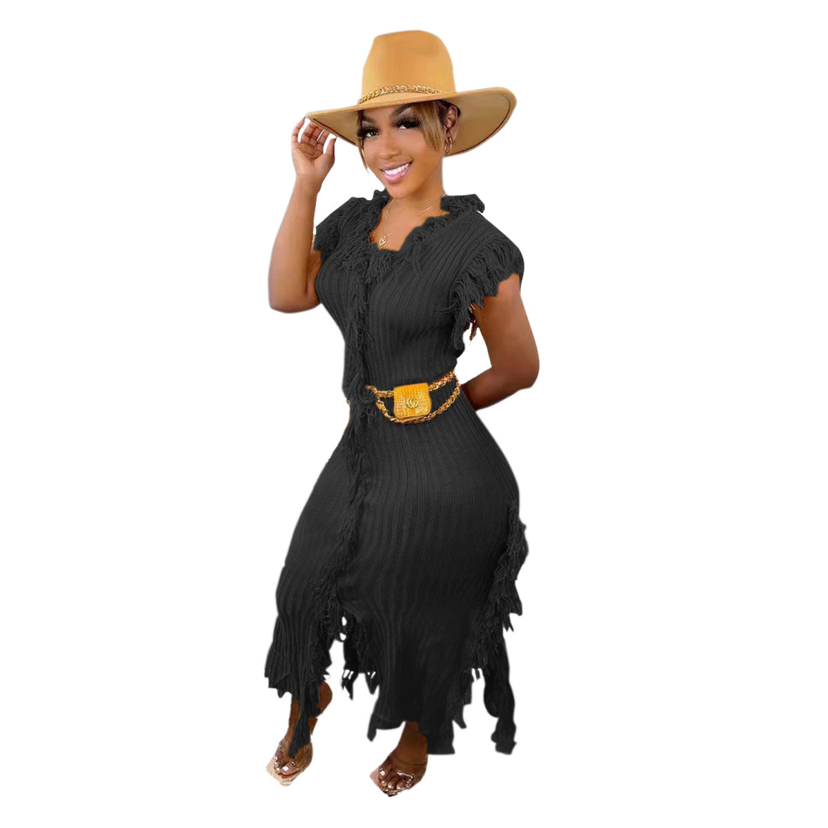 Ribbed Knit Fringe Trim Asymmetric Bodycon Midi Dress