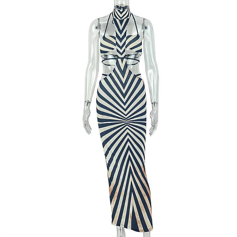 Women Clothing Zebra Print Hip Dress Backless Hanging Collar Lace up Dress