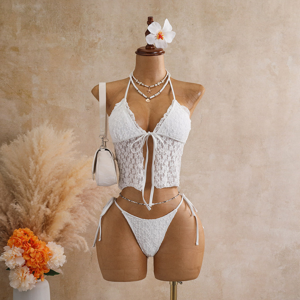 Lace Halter Crop Top Bralette & High-Cut Thong Bikini Set | Scalloped Edge, Front Tie Bow & Bridal-Adjacent Resort Luxe