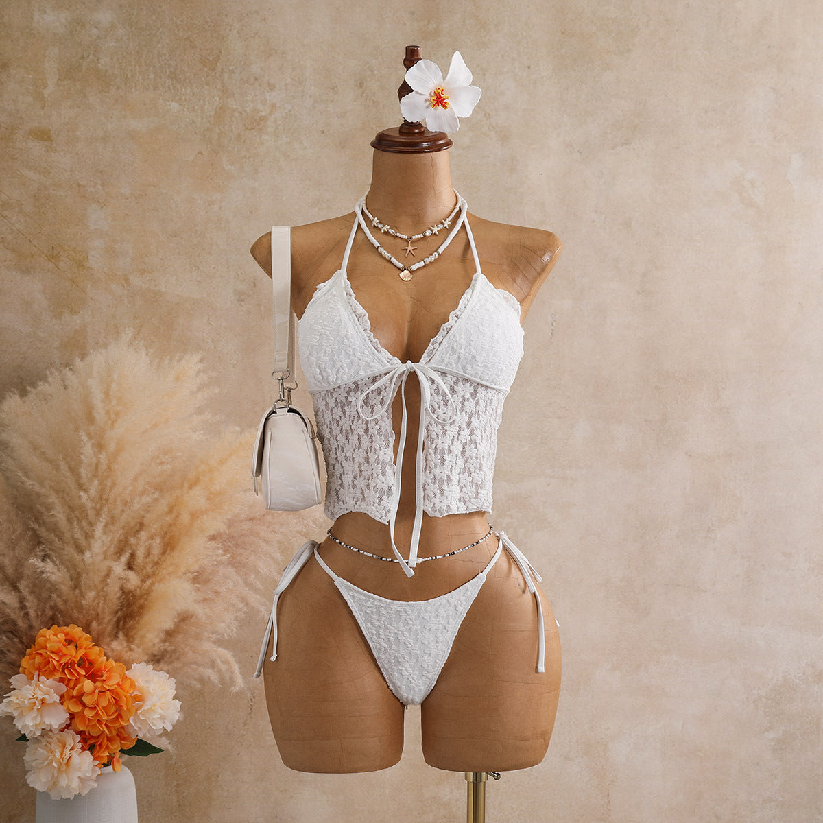 Lace Halter Crop Top Bralette & High-Cut Thong Bikini Set | Scalloped Edge, Front Tie Bow & Bridal-Adjacent Resort Luxe