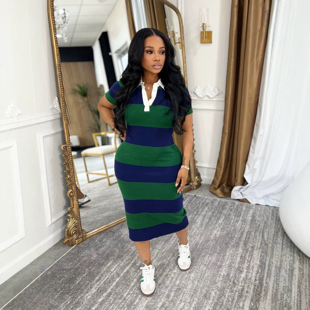 Color Block Stripe Polo Collar Bodycon Midi Dress