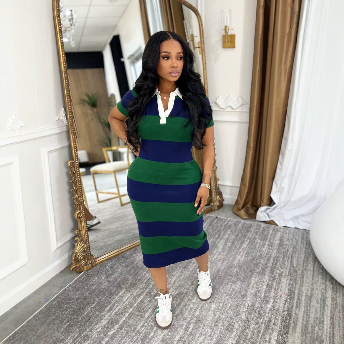 Color Block Stripe Polo Collar Bodycon Midi Dress
