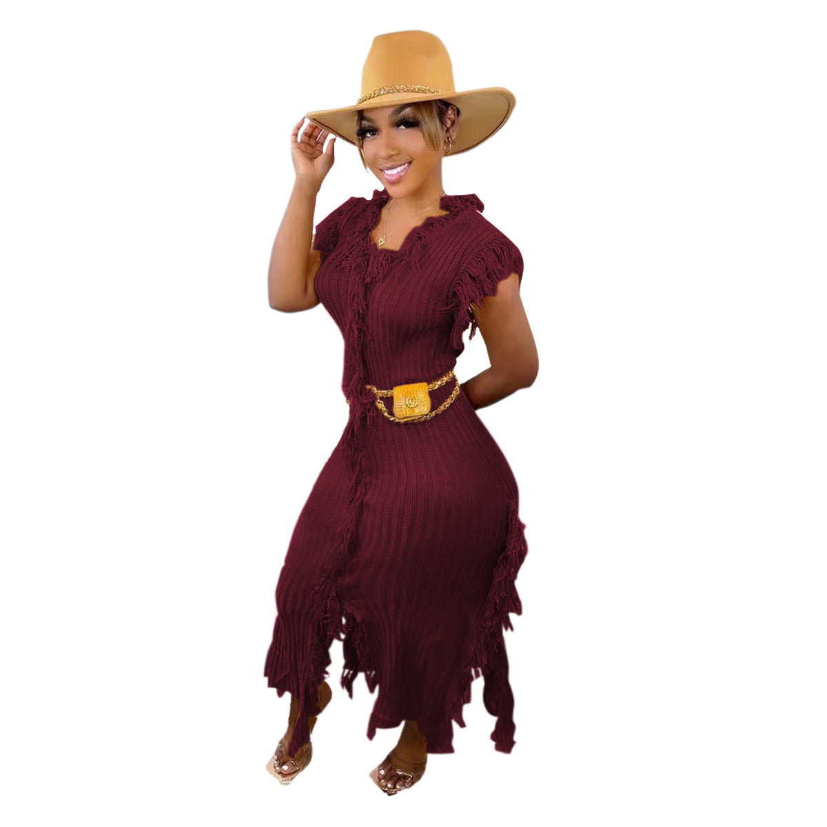 Ribbed Knit Fringe Trim Asymmetric Bodycon Midi Dress