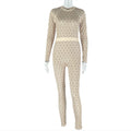 Geometric Monogram Print Crew Neck Long Sleeve Elastic Waist Slim-Fit Bodycon Jumpsuit
