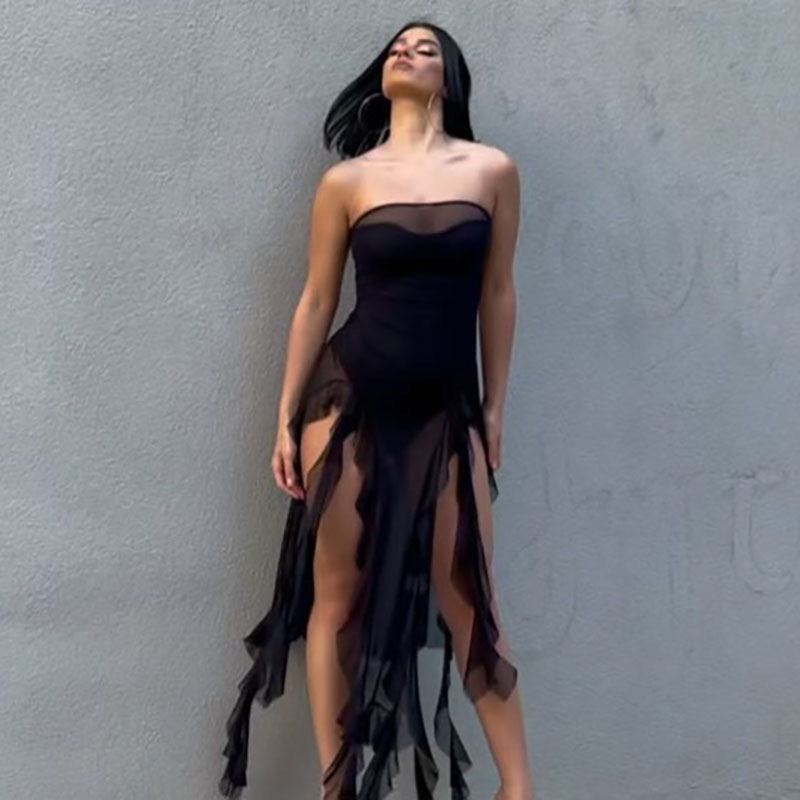 The Midnight Cascade Mesh Midi Dress