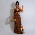 Petal Party Ruffle Halter Cutout High Slit Maxi Dress
