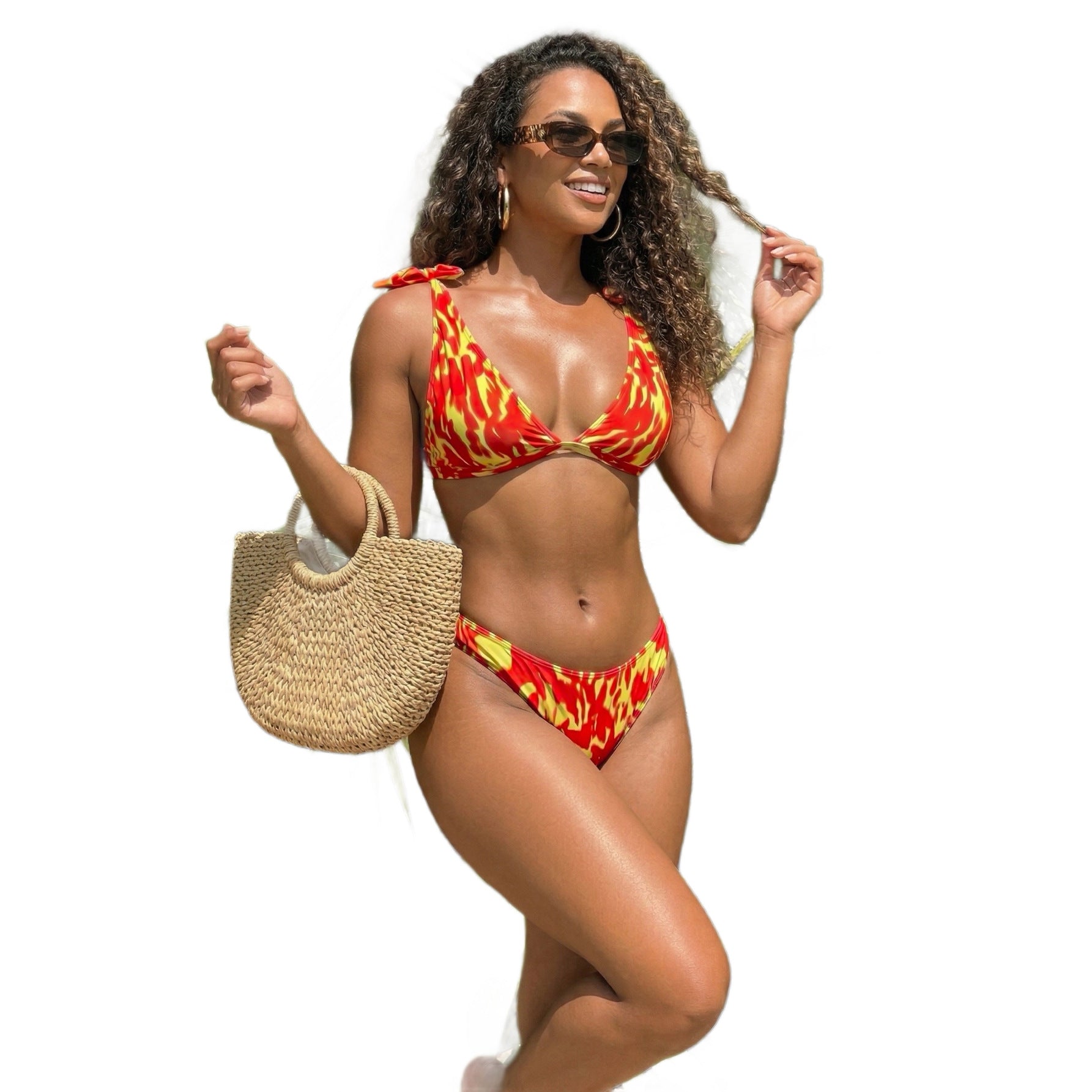 Flame Print Tie-Shoulder Ring-Detail Triangle Bikini Set