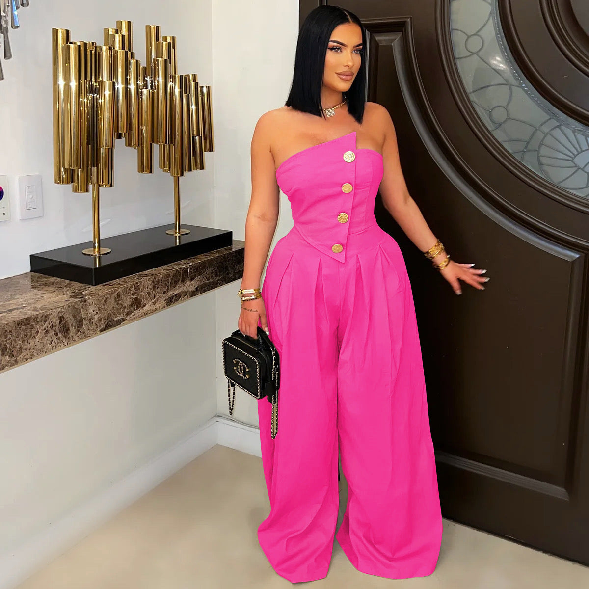 Old Money Asymmetric Gold Button Tube Top Wide-Leg Jumpsuit