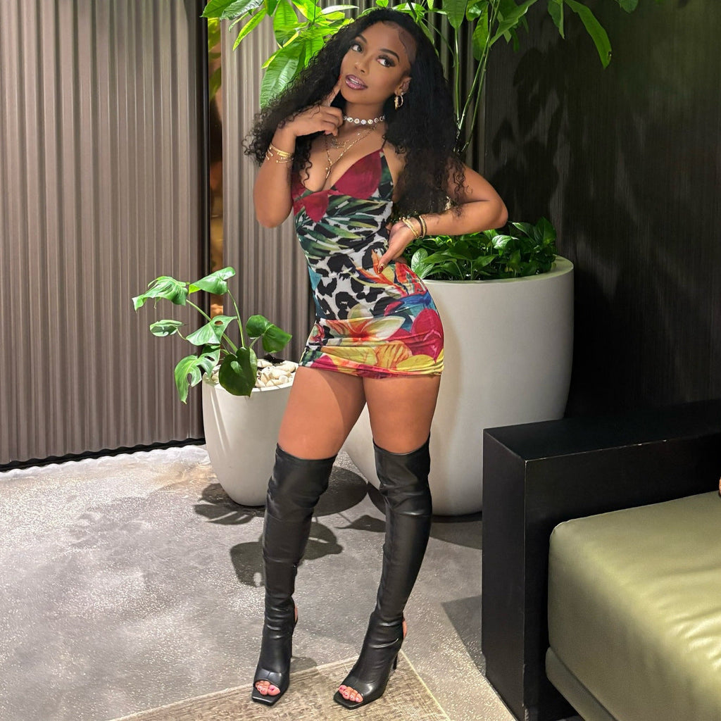 Y2K Mixed Print Spaghetti Strap Bodycon Mini Dress | Lace-Up Back