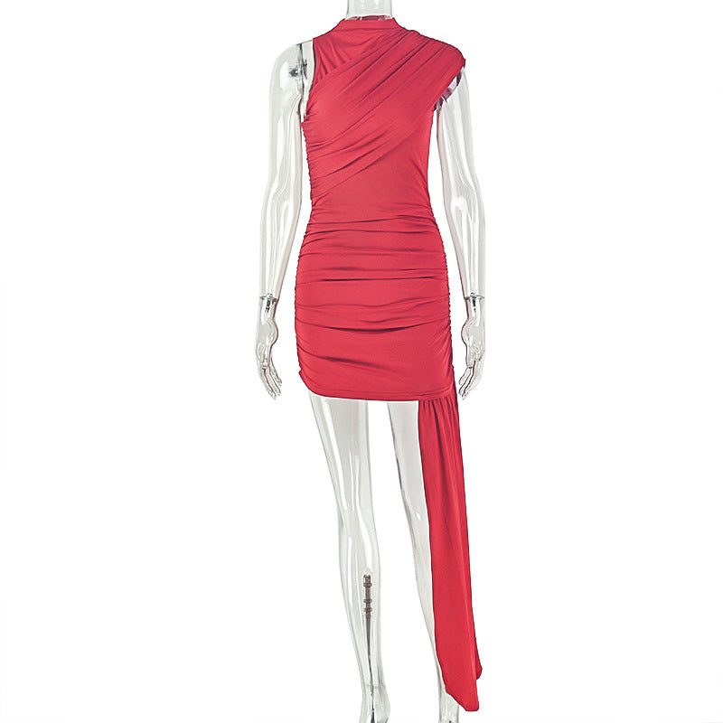 Mock Neck Asymmetric Cold-Shoulder Ruched Side Slit Bodycon Maxi Dress