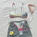 Pastel Gradient Palm Tree Print Bandeau Bikini Set | Adjustable Double Straps, Side Lace-Up Thong & Tulum-Coded Y2K Tropical Resort Luxe